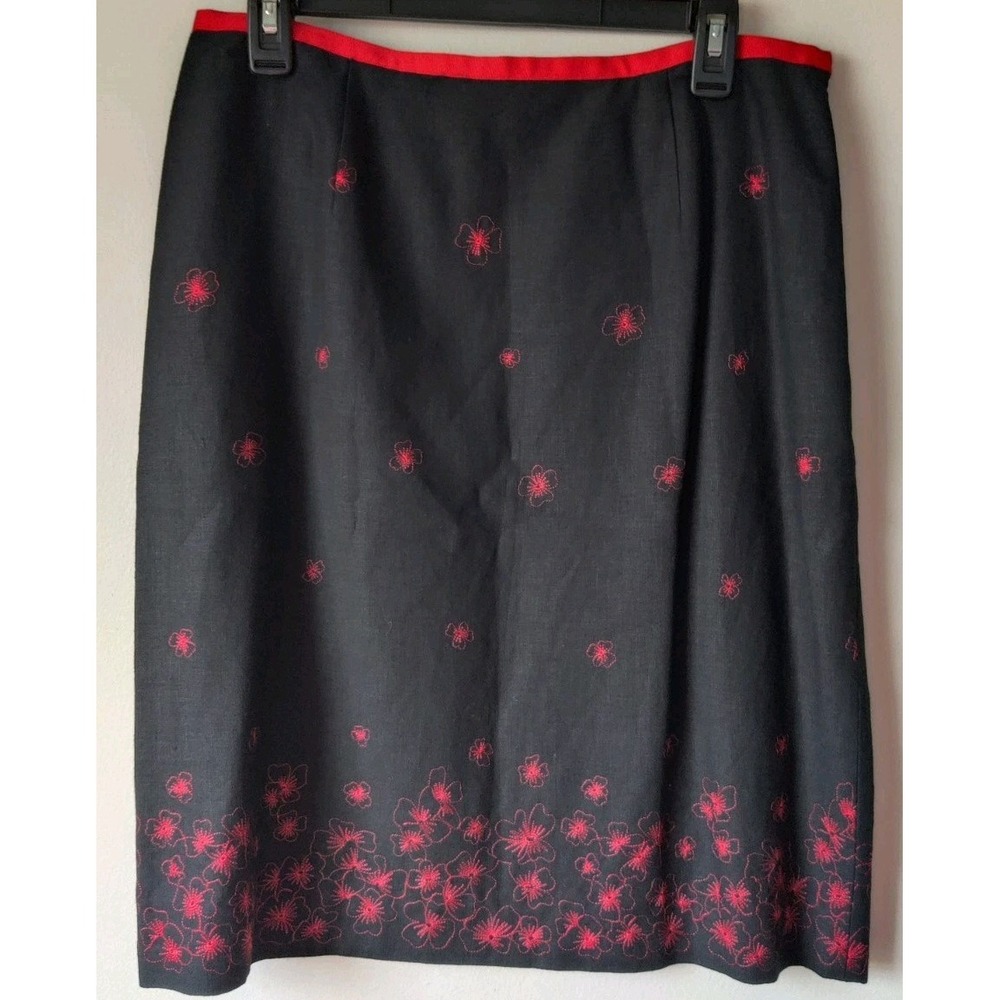 Alfani Women's Linen Blend‎ Black/Red Floral Print Skirt Side Zip Size 12 Career